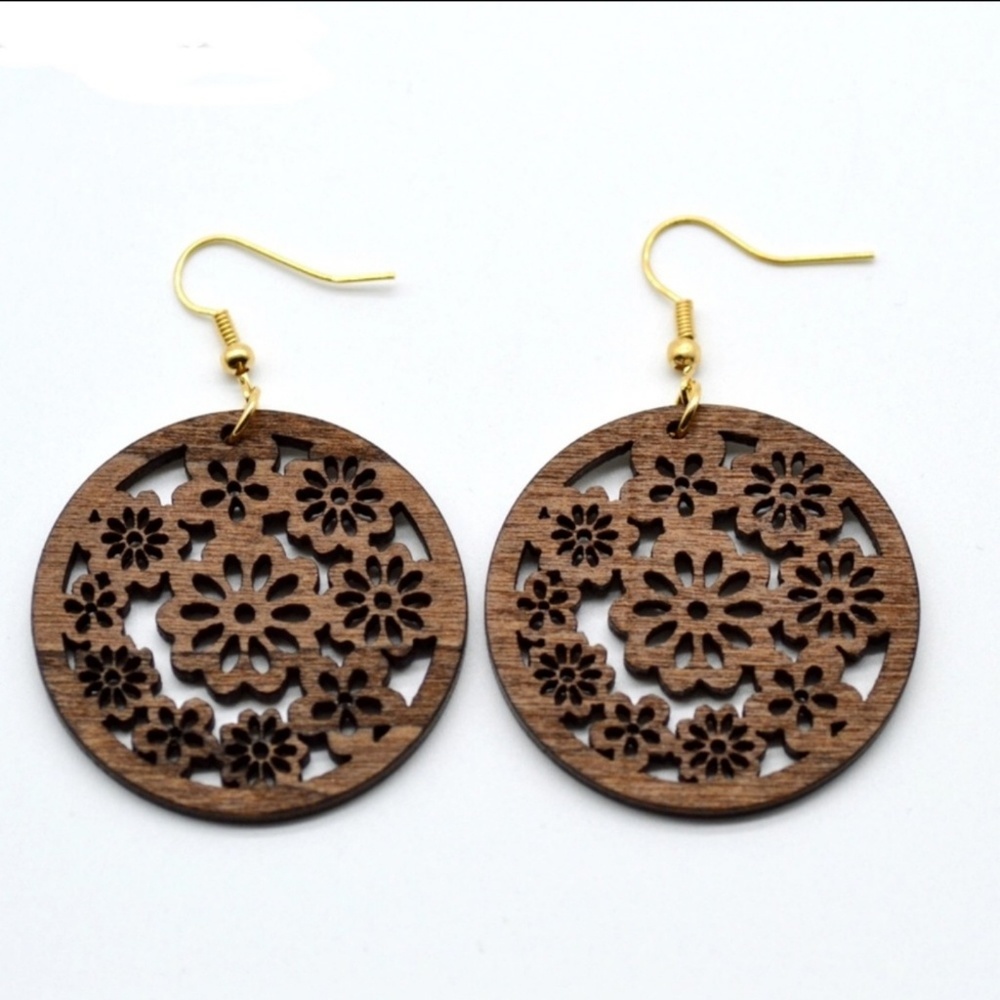 LAST 2! Floral Wooden Earrings - Picture 3 of 5